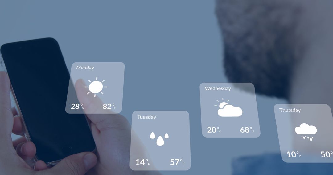 Person Checking Weather Forecast on Smartphone with Digital Icons