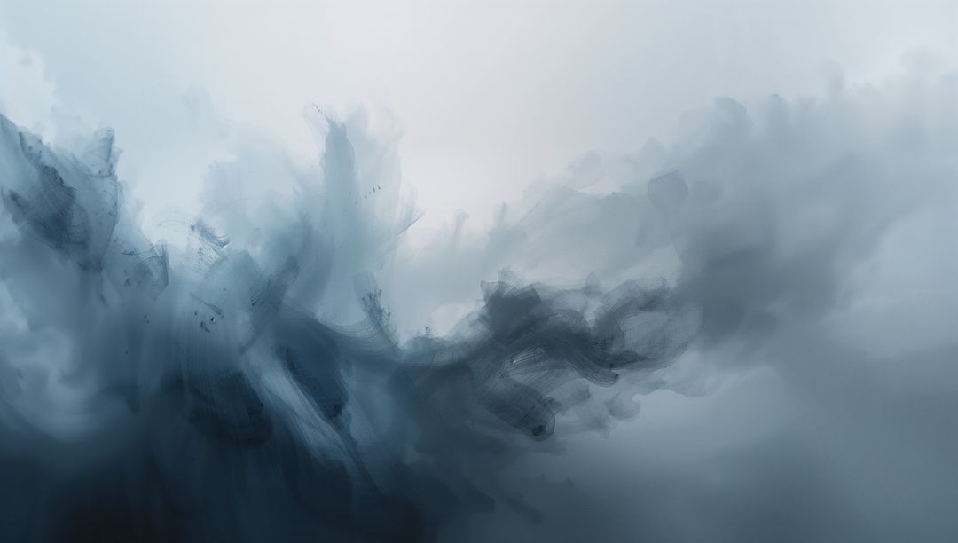 Ethereal Bluish-Gray Ink Plume Flowing Across Pale Gradient Misty Tendrils Layered Texture