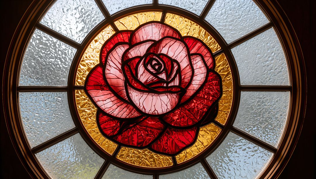 Stained Glass Window with Red Rose Motif and Frosted Panels