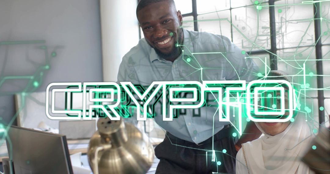 Tech Professionals in Futuristic Workspace with Crypto Elements
