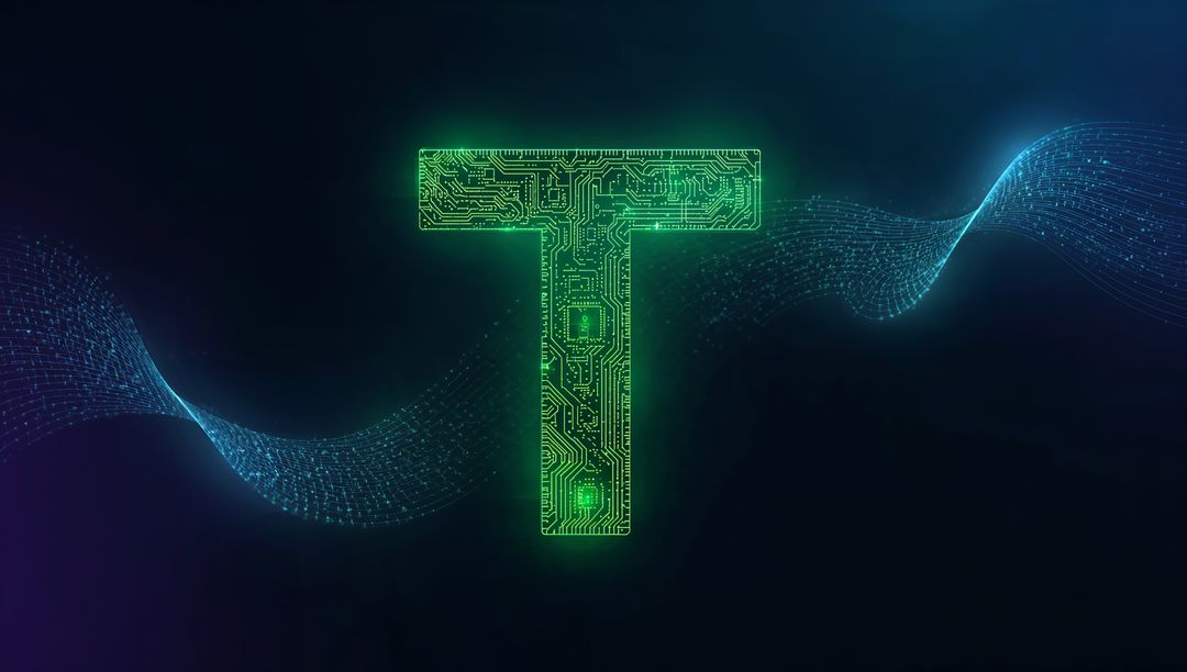 Futuristic Neon T with Digital Circuitry and Binary Waves