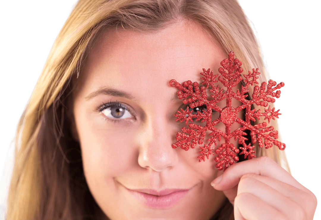 Cheerful Blonde Holding Red Sparkling Snowflake Ornament Transparent