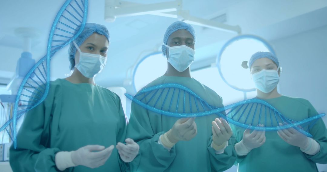 Diverse Surgeons Examining Digital DNA in High-Tech Hospital