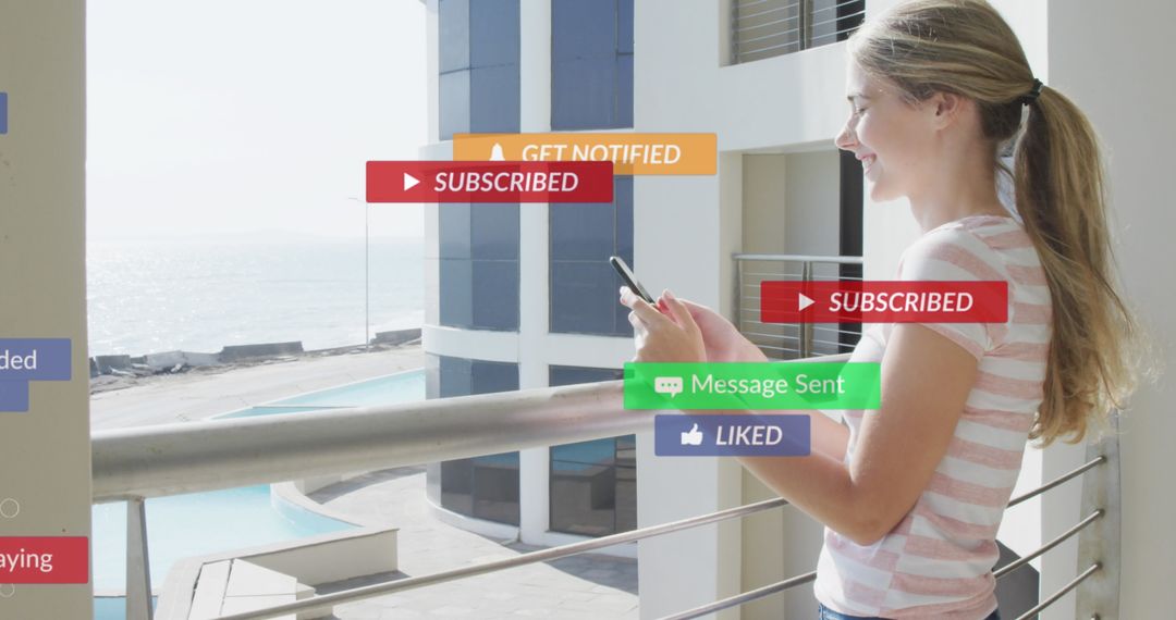 Woman Engaging with Social Media Notifications on Balcony