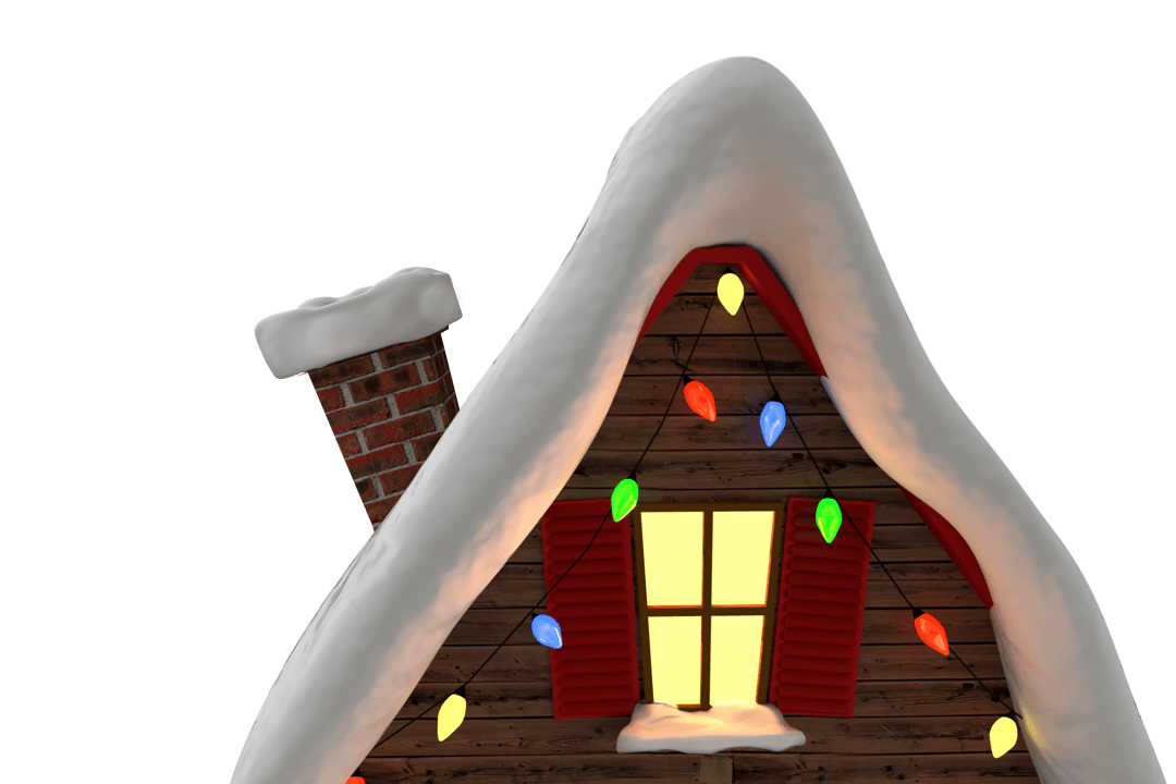 Snowy Christmas Cottage With Colorful Lights and Red Shutters