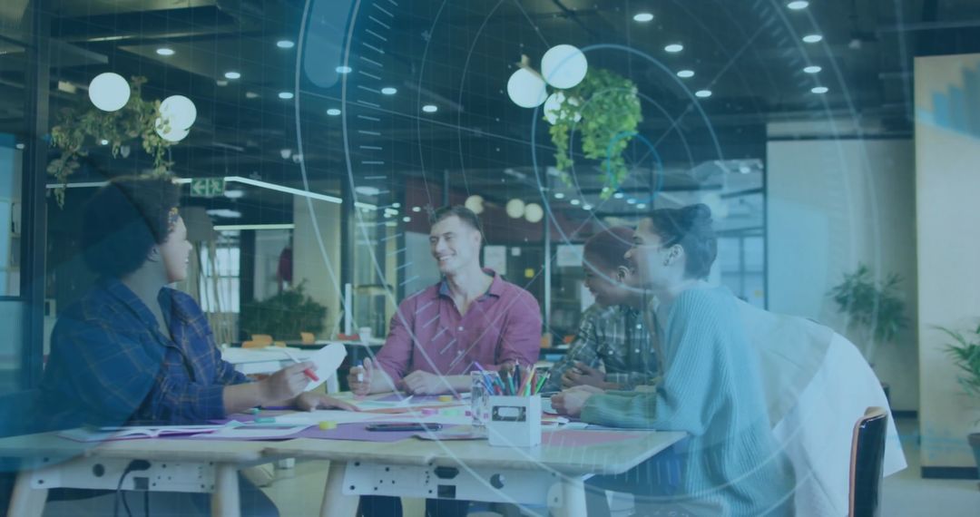 Technology Overlay and Diverse Team Discussing Strategy in Modern Office