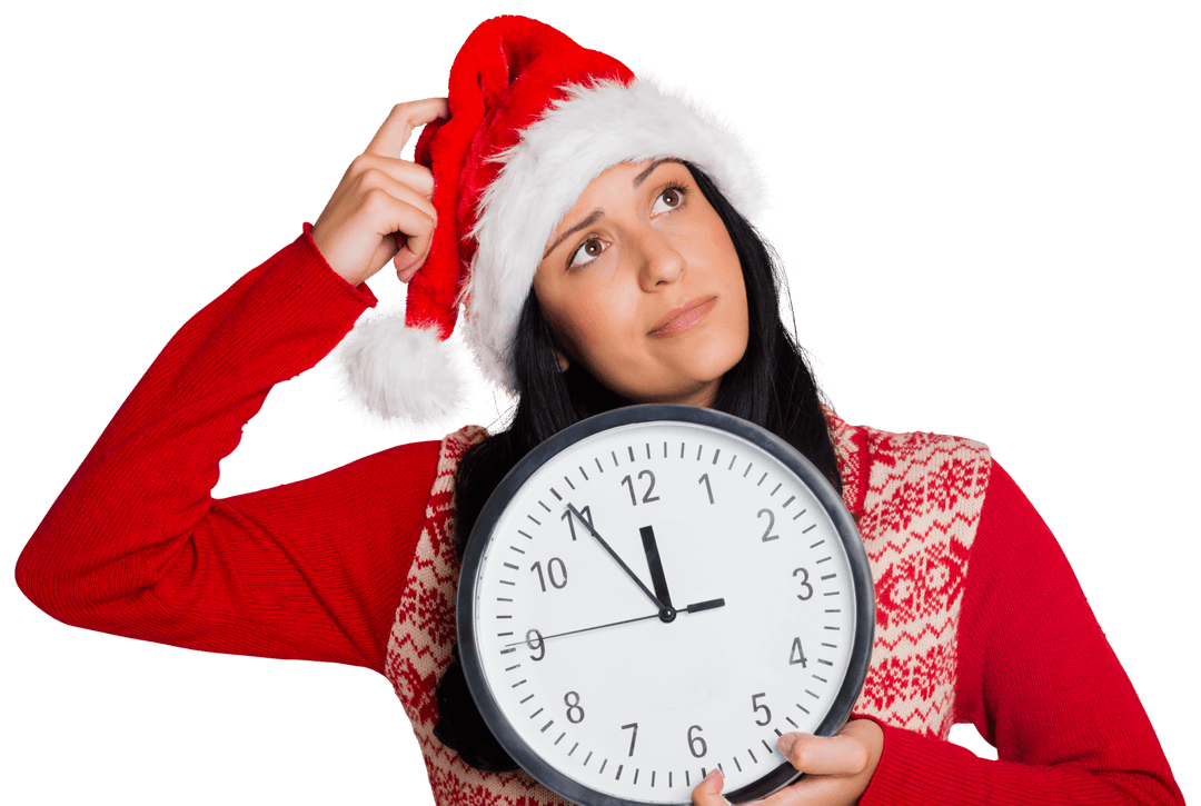 Woman Holding Clock in Christmas Hat on Transparent Background
