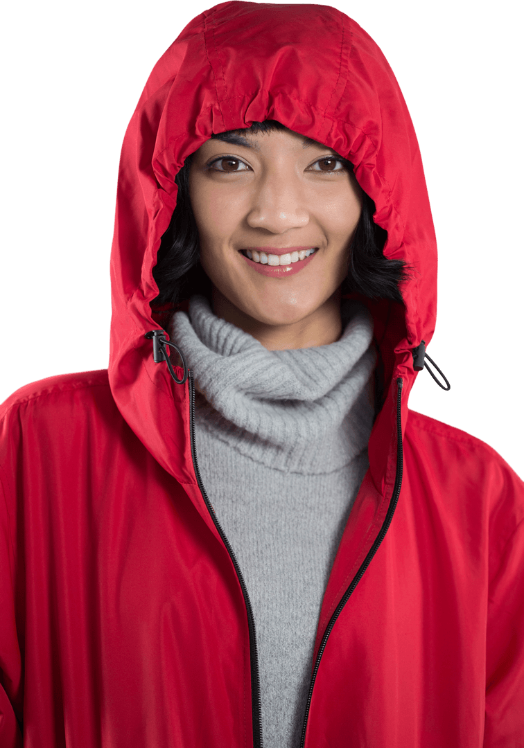 Smiling Woman in Red Hooded Jacket Portrait on Transparent Background