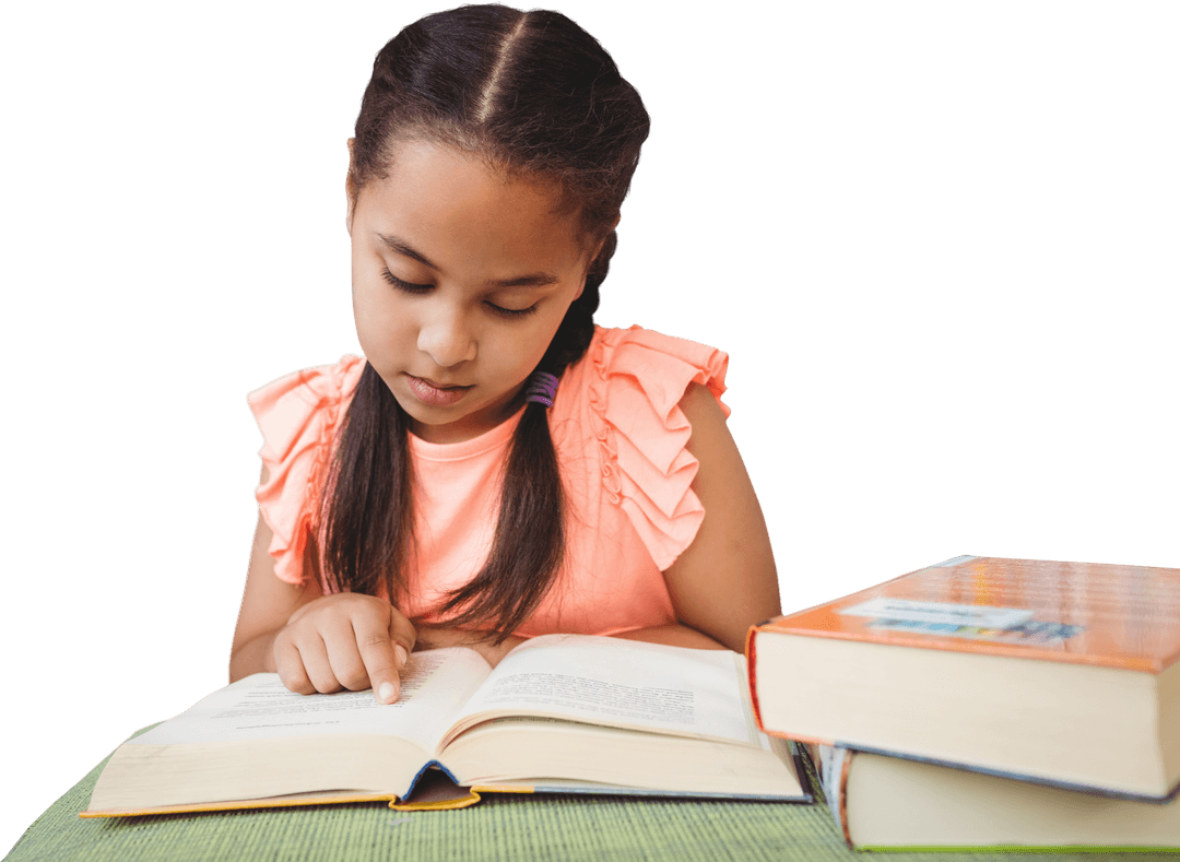 Biracial Girl Reading Book with Focus on Transparent Background