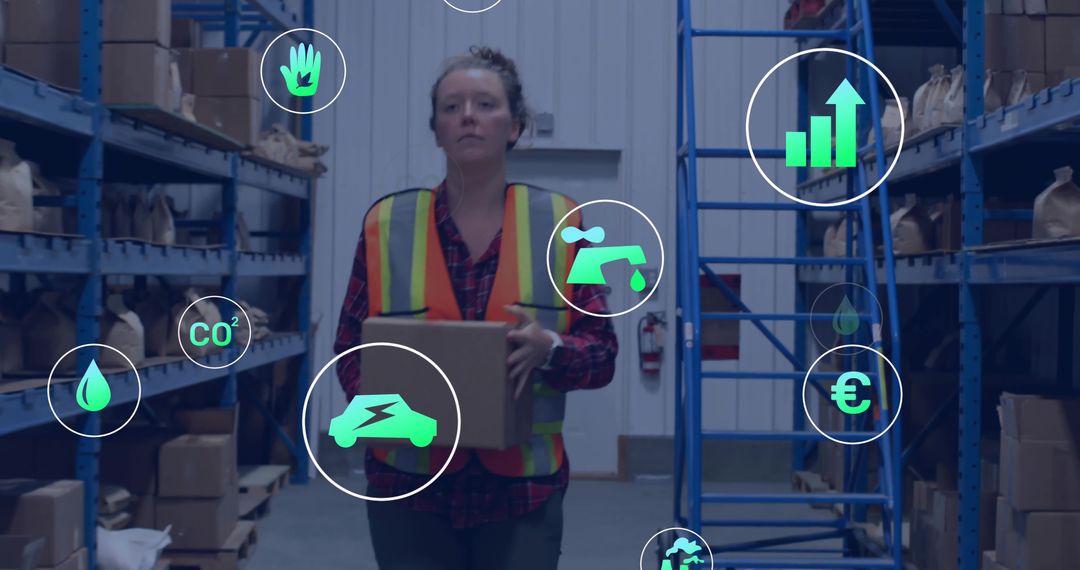 Warehouse worker carrying box in smart logistics hub displaying sustainability icons