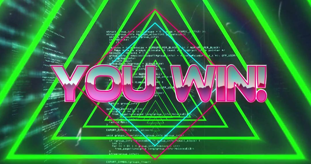 Winning Screen with Futuristic Overlays and Code Background