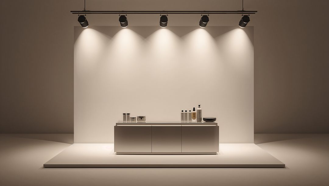 Minimalist Skincare Display Showcasing Low Matte Console, Pump Bottles and Spotlights