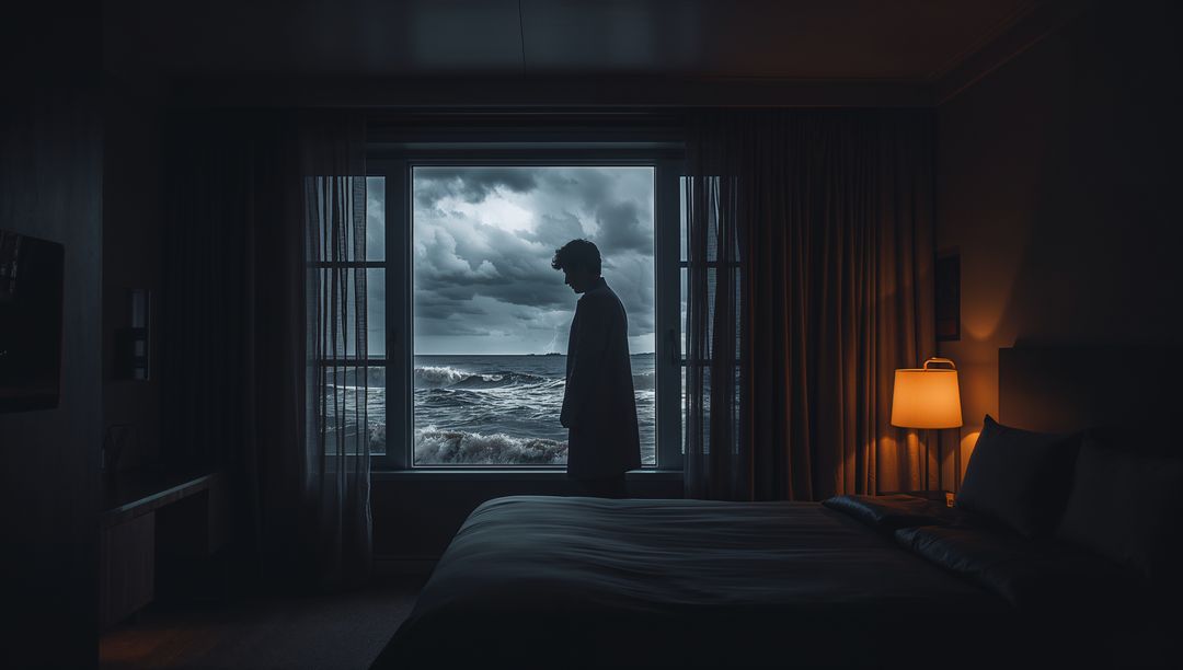 Silhouetted man watching stormy ocean through hotel window at night with moody lamp glow