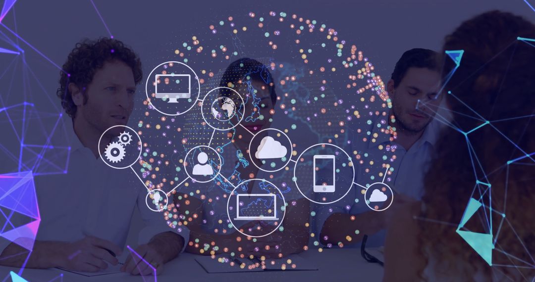 Team Meeting with Digital Data Network Concept in Background