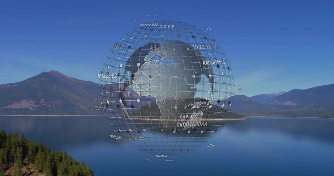 Floating Digital Globe Overlay on Lake with Mountain View
