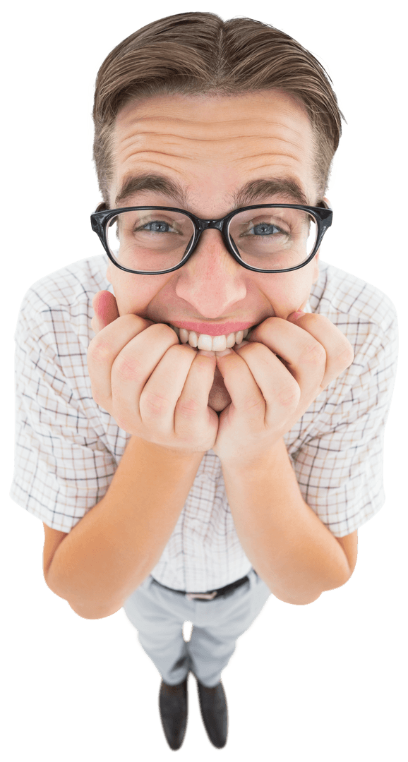 Nervous Geek in Glasses Expressing Anxiety on Transparent Background