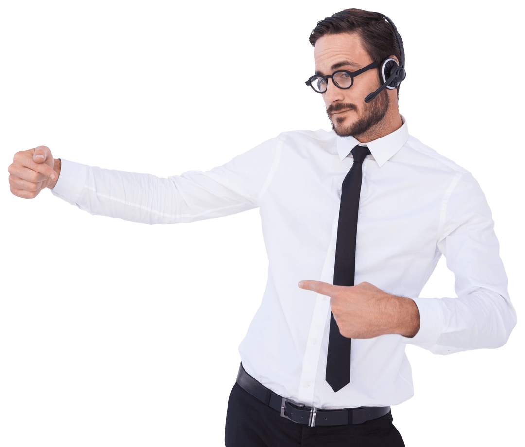 Transparent Office Professional Wearing Headset Presenting