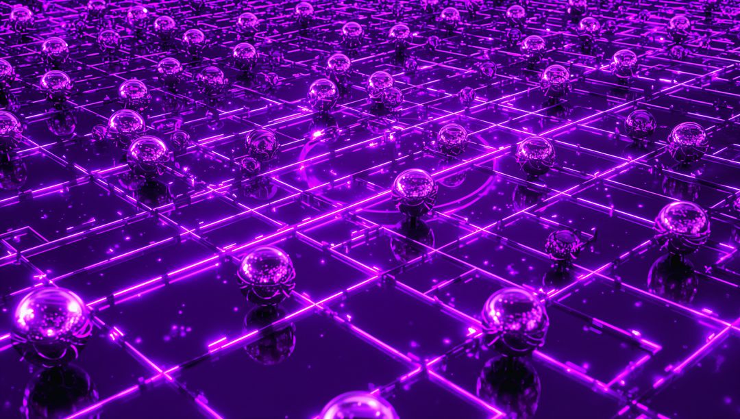 Futuristic Neon Purple Grid with Reflective Spheres and Particle Lights