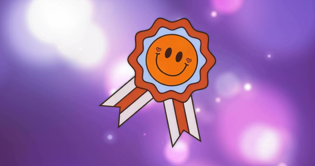 Smiling ribbon rosette glowing on purple bokeh backdrop for celebration and achievement