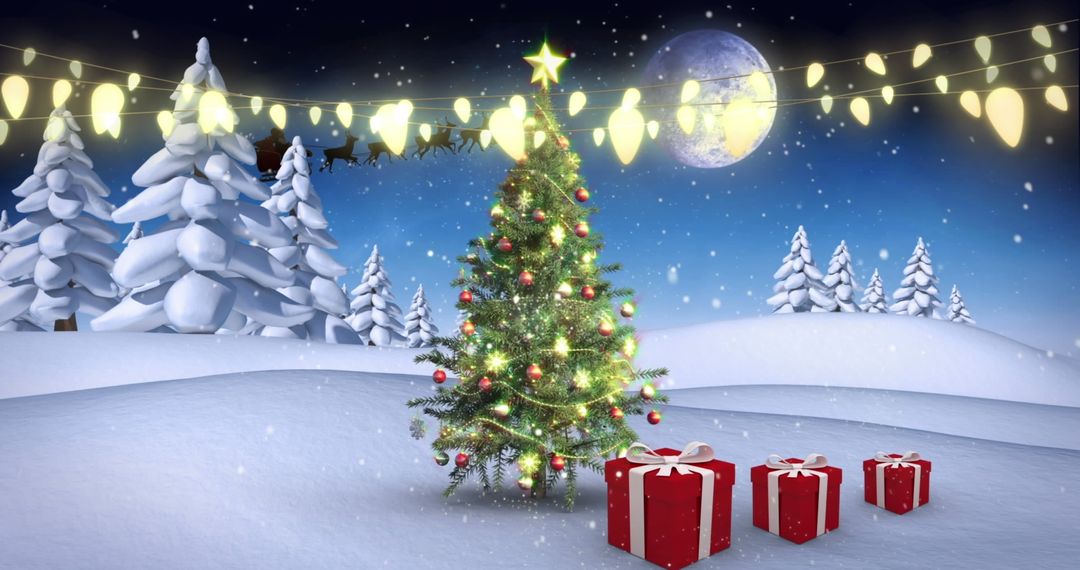 Christmas Tree Glowing with Decorations in Snowy Landscape