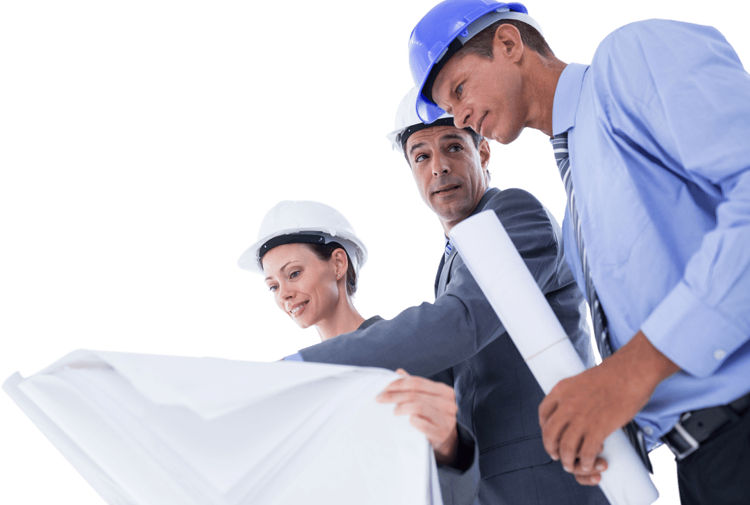 Engineers Reviewing Blueprint on Transparent Background