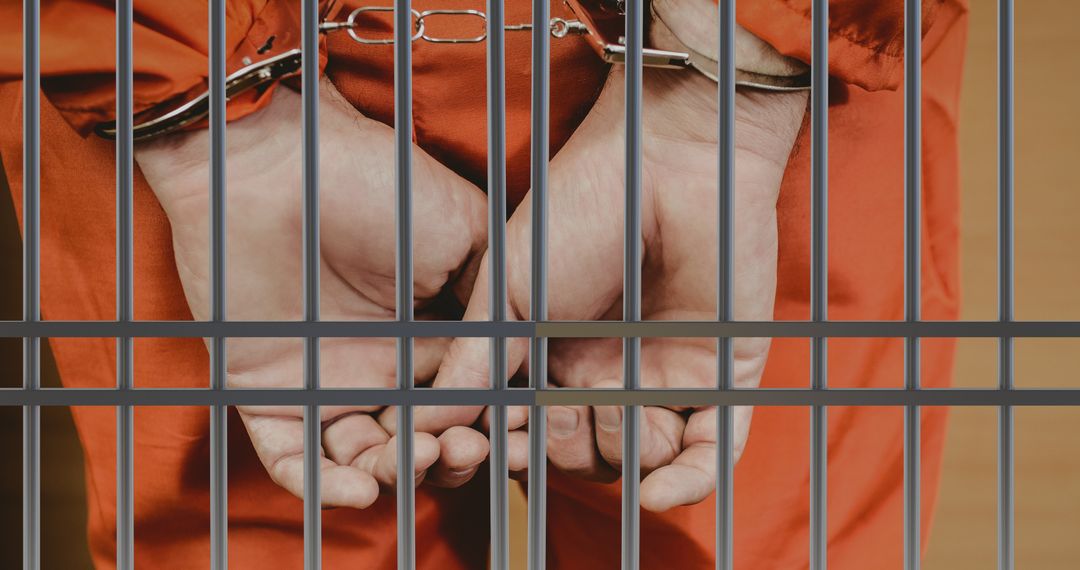 Composite of caucasian hands of man handcuffed behind prison bars wearing orange prisoner clothes - Free Images, Stock Photos and Pictures on Pikwizard.com