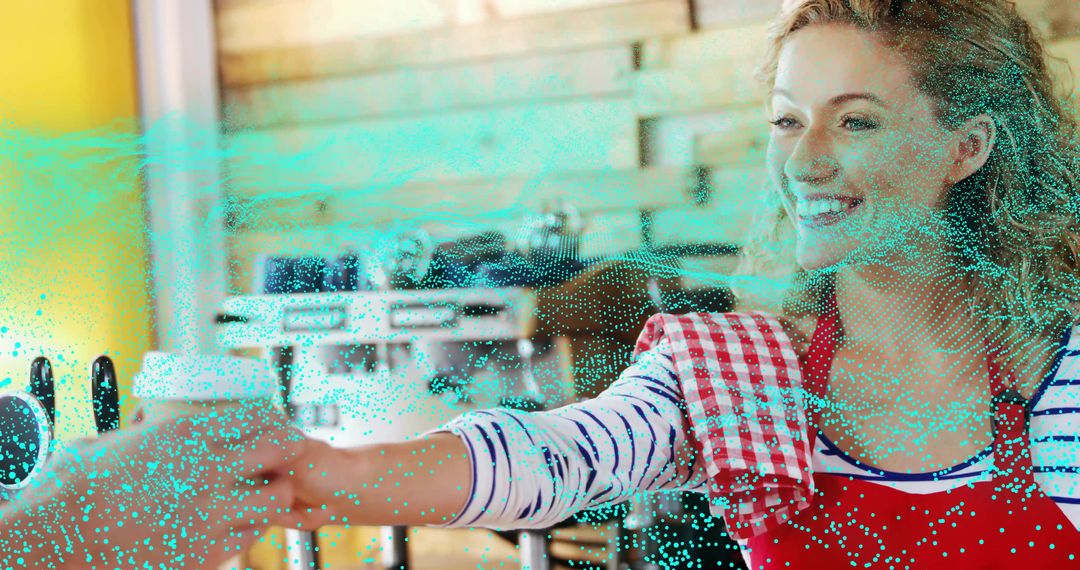 Smiling barista handing takeaway coffee cup while serving customer at rustic cafe counter