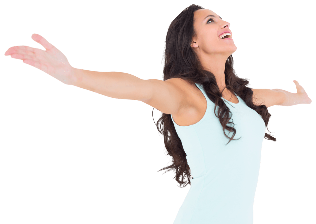 Joyful Brunette Hugging Freedom with Outstretched Arms on Transparent Background