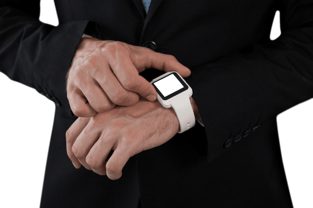 Businessman Adjusting Smart Watch Isolated on Transparent Background