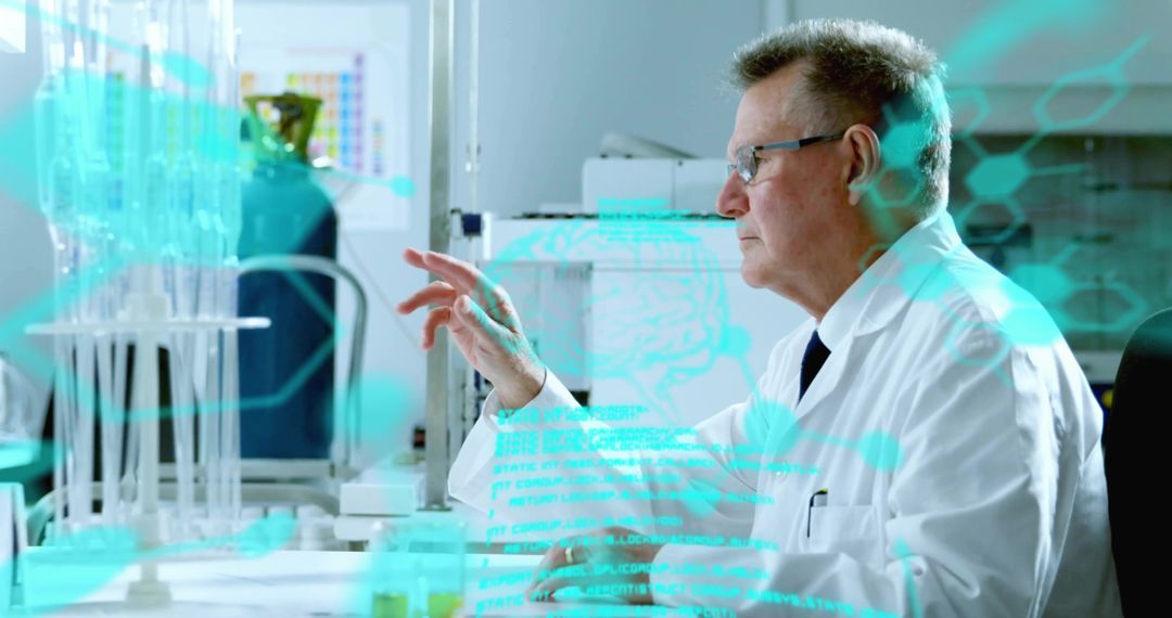 Senior Scientist Pointing at Virtual Data Overlay While Analyzing Lab Results