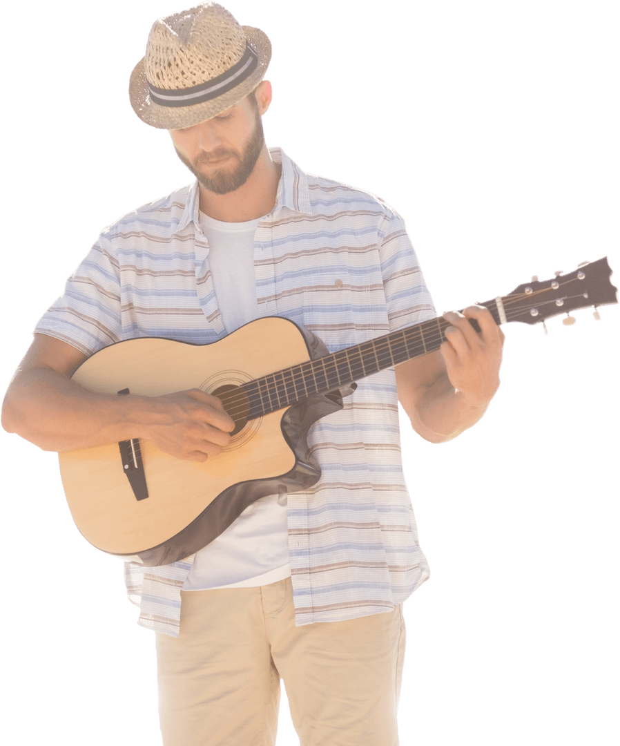 Caucasian Man Strumming Guitar on Transparent Background