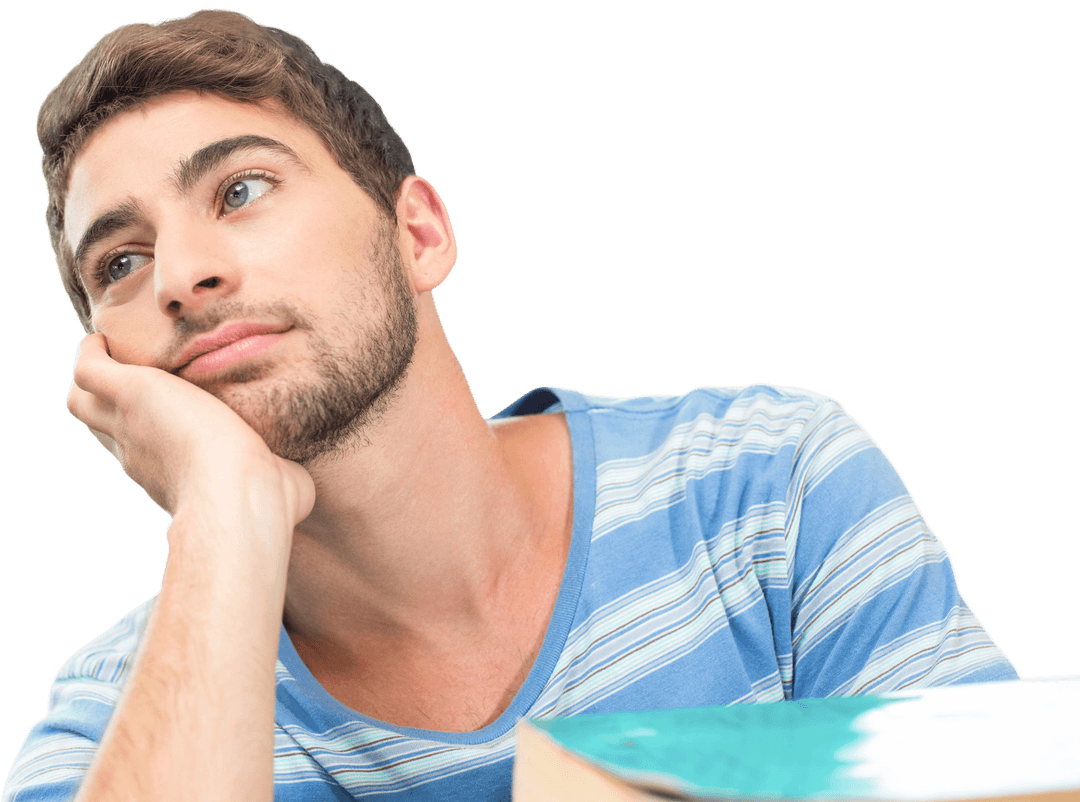 Tired Caucasian Man Leaning on Hand on Transparent Background