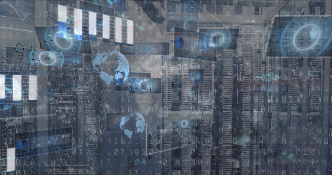 Futuristic Server Room with Digital Interfaces and Figures