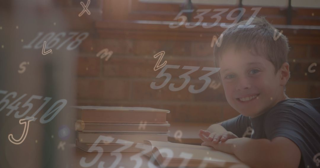 Smiling Boy in Classroom Surrounded by Floating Numbers