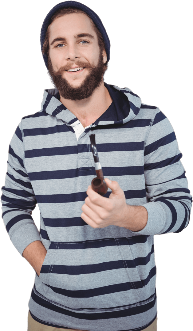Hipster Holding Transparent Pipe, Greeting Expression, Casual Patterned Sweater