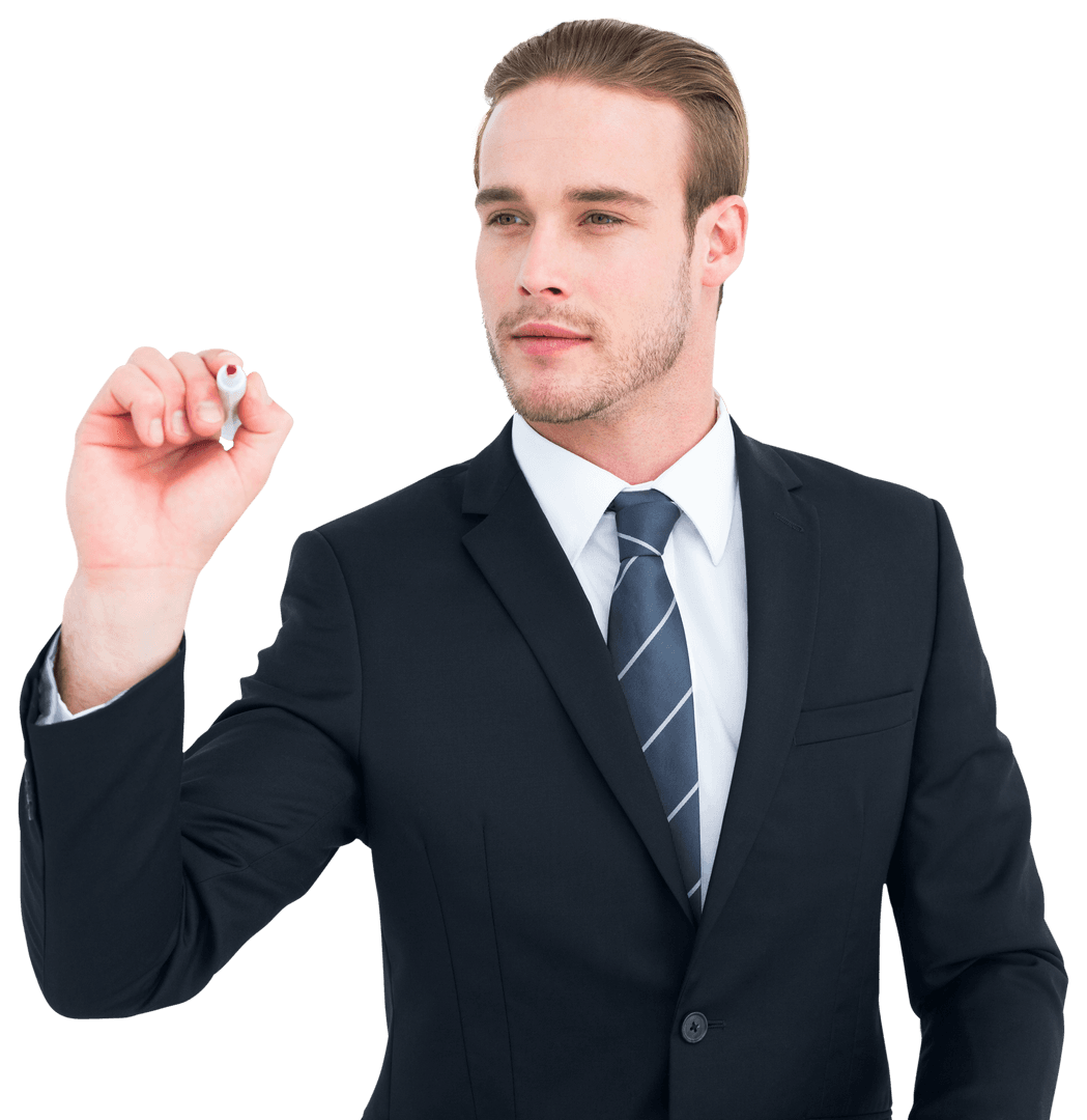 Transparent Businessman Writing on Invisible Display with Marker