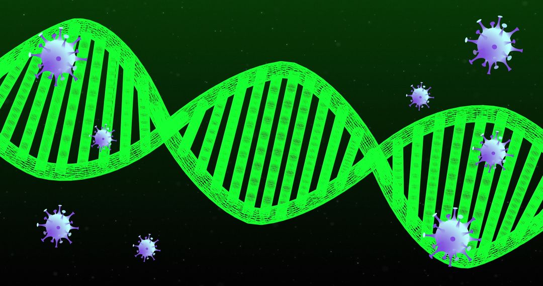 Futuristic DNA Helix with Violet Virus Particles on Green Background