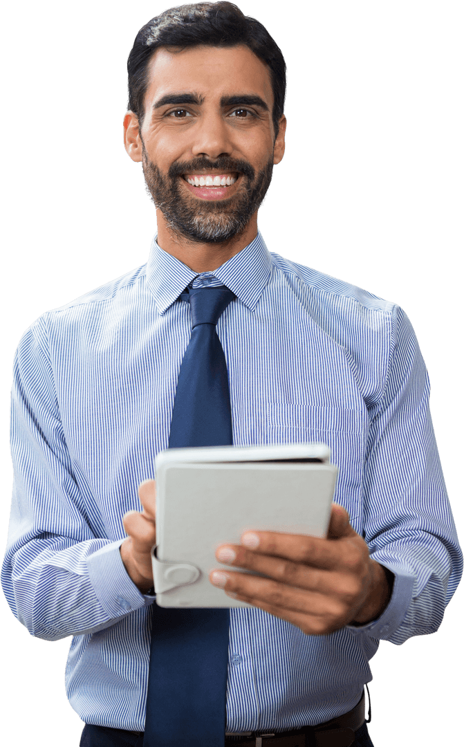 Transparent Smiling Businessman Holding Modern Tablet Device