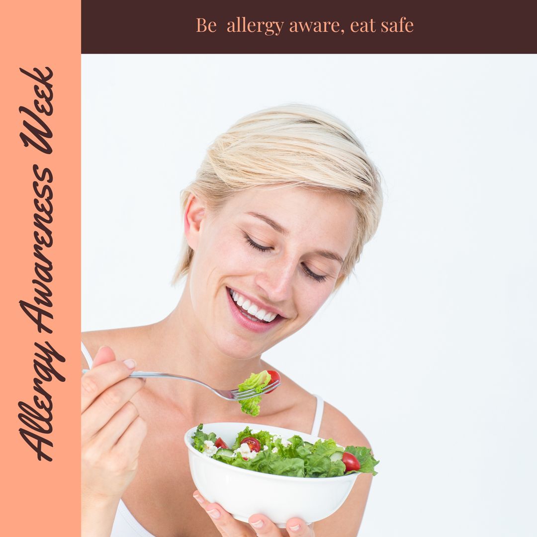 Happy Woman with Salad Promoting Allergy Awareness Week