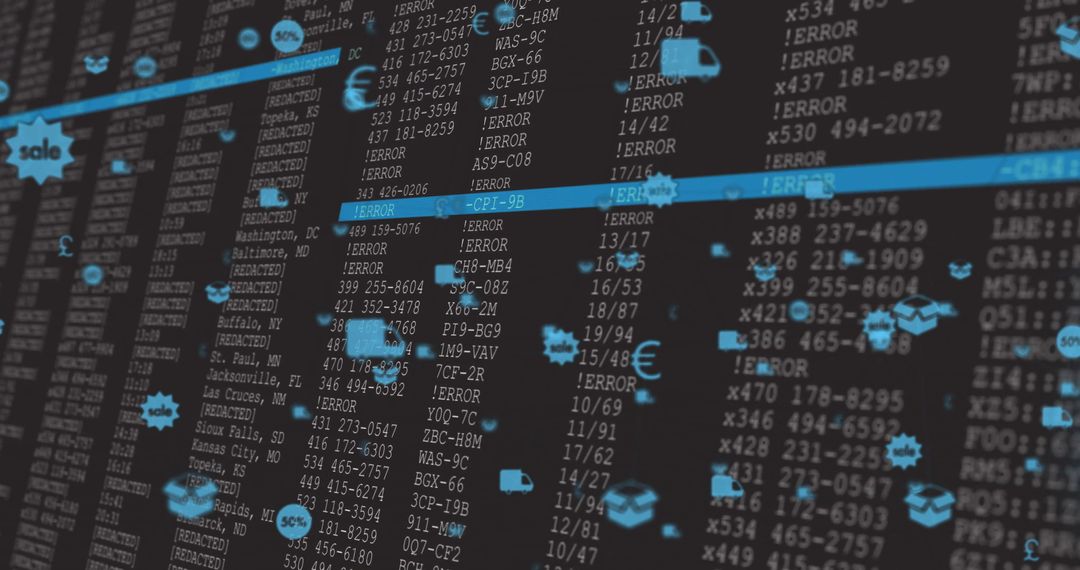 Digital Data Dashboard with Error Codes and Security Icons