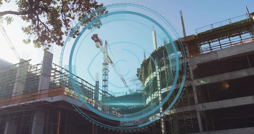 Modern Construction Site with Holographic Overlay on High-Rise Building