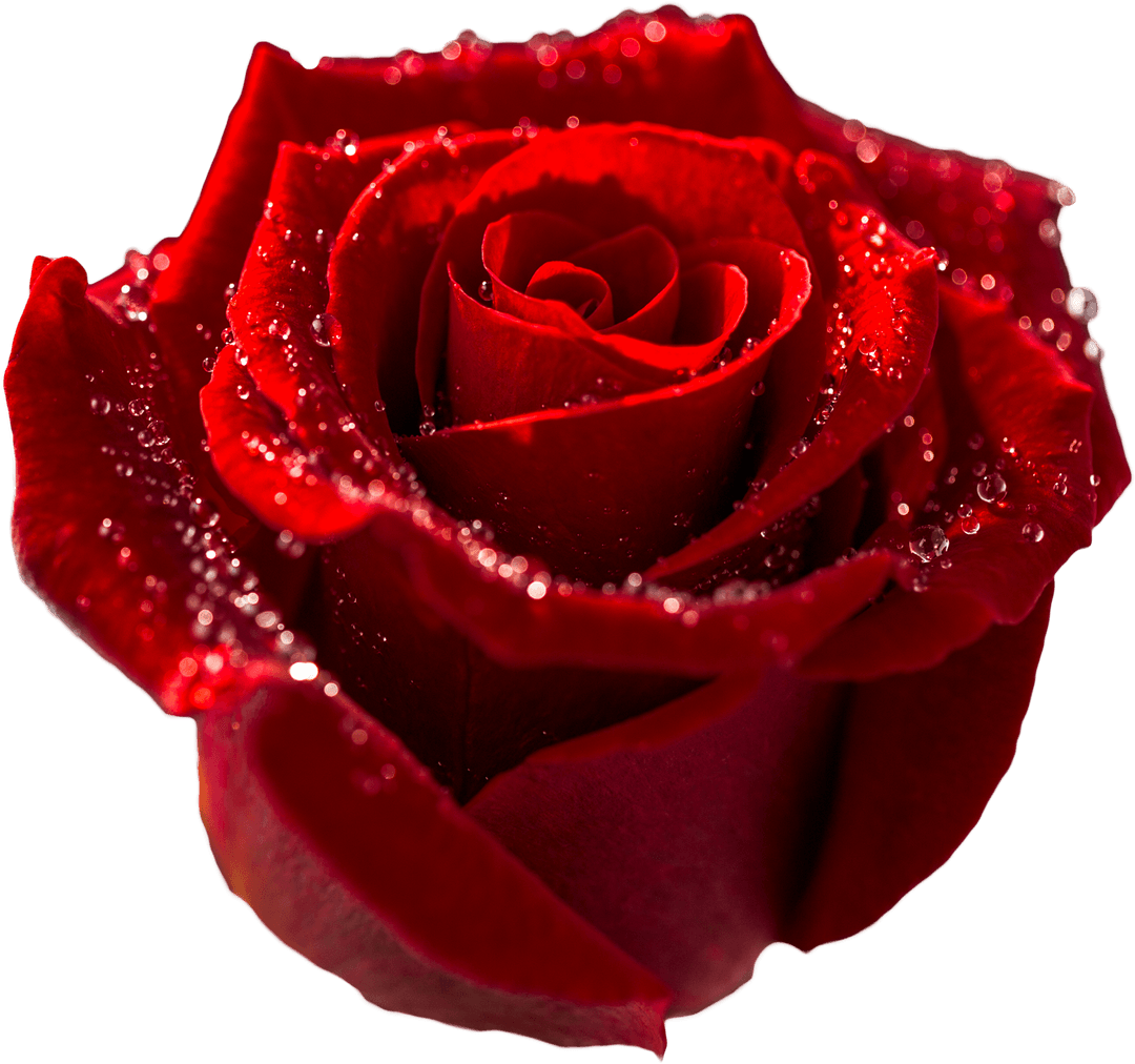 Glistening Red Rose with Dew on Transparent Background