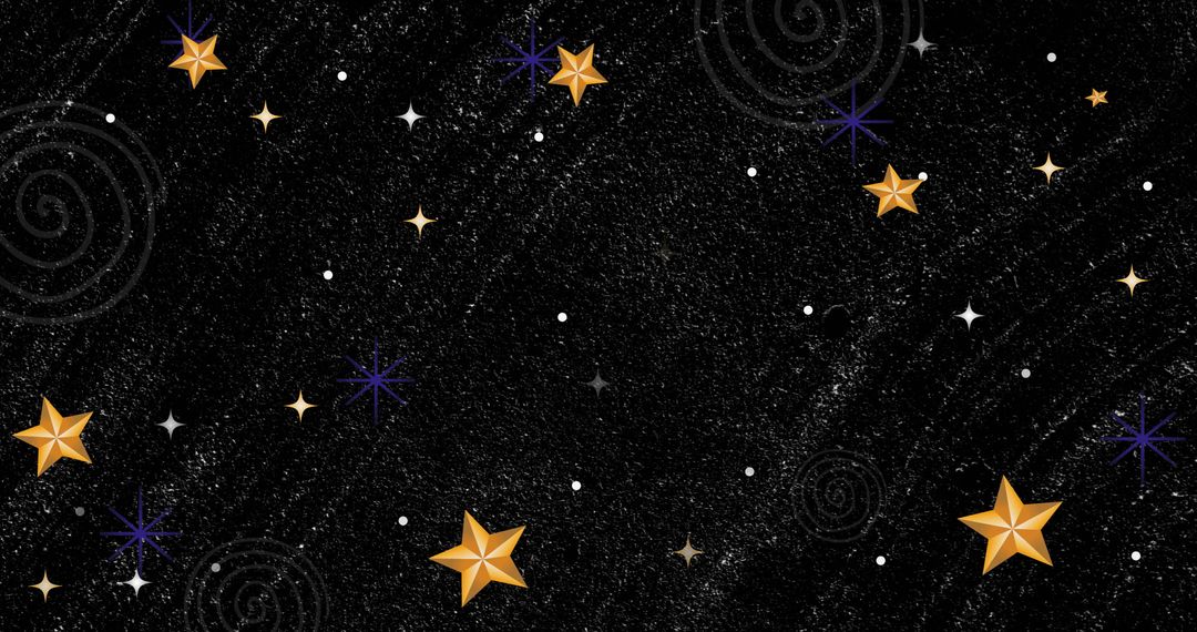 Golden Stars on Cosmic Black Background with Swirly Patterns
