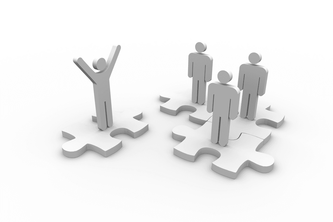 Transparent Figures on Puzzle Pieces Representing Teamwork and Success