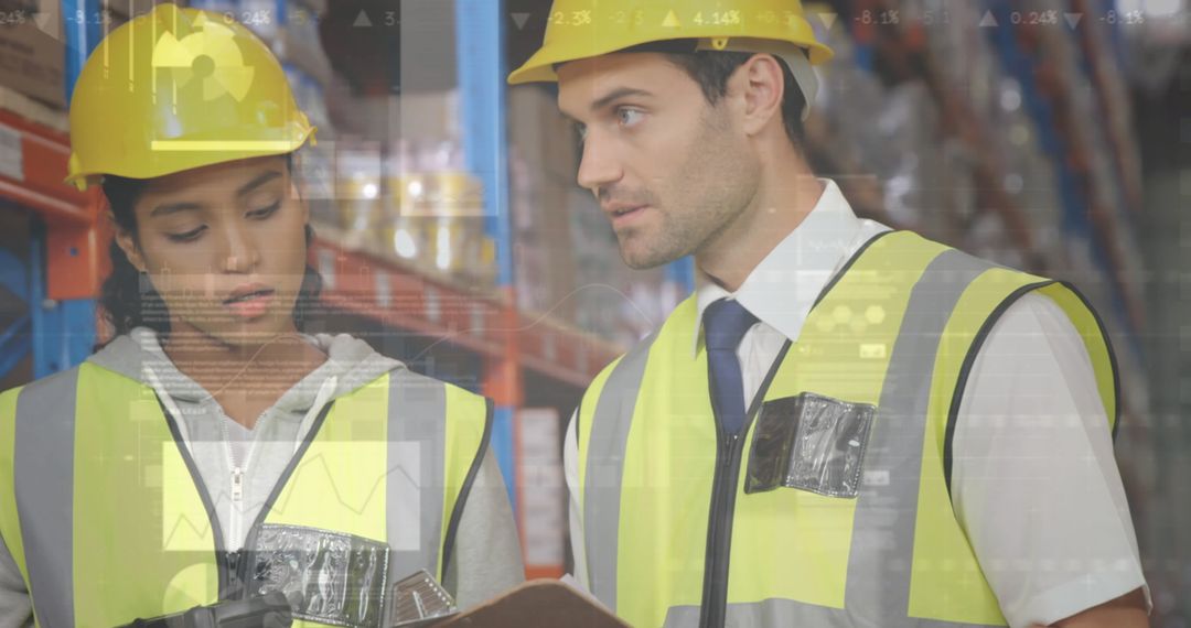 Warehouse Team Reviewing Data on Digital Screen Display