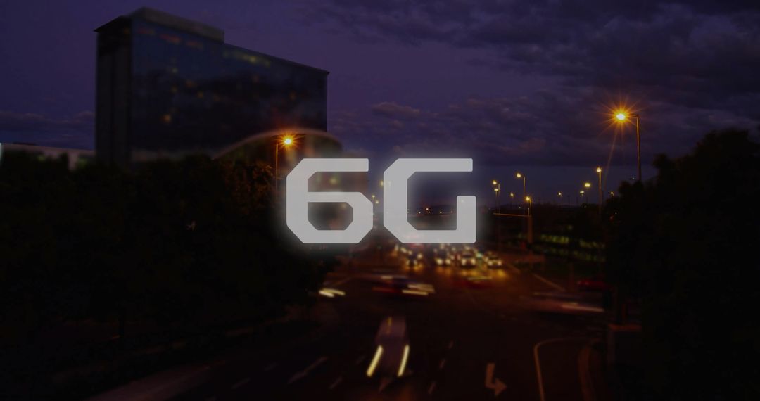 Futuristic 6g technology text above urban night highway