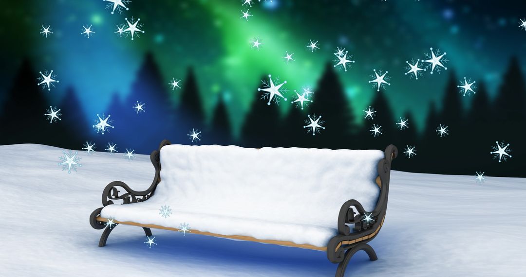 Snow-Covered Bench with Dancing Northern Lights and Snowflakes - Free Images, Stock Photos and Pictures on Pikwizard.com