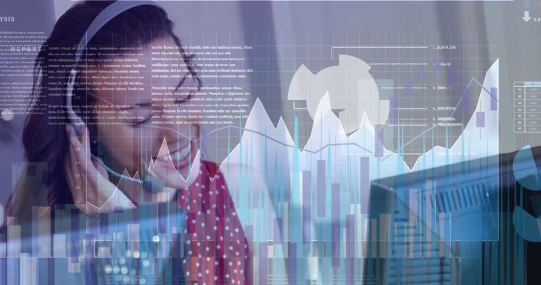 Woman Engaging in Business Communication with Digital Interface Overlay