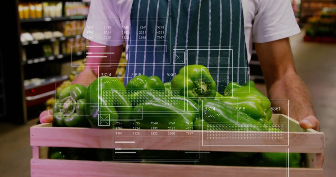 Store Clerk Handling Fresh Green Bell Peppers at Produce Aisle