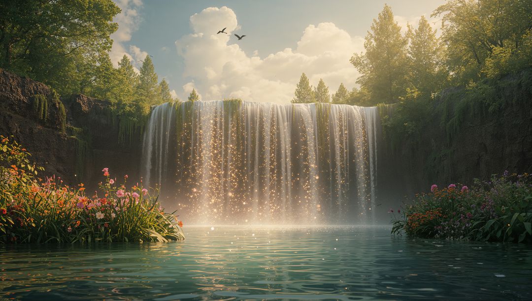 Cascading waterfall plunging into teal pool in sunlit forest canyon with sparkling mist